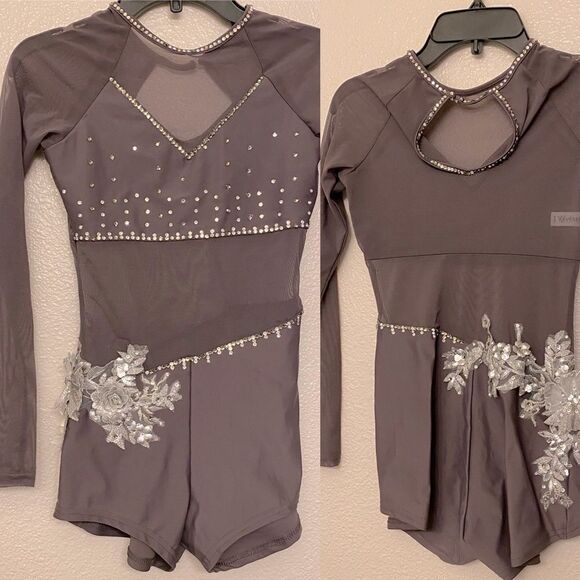 Reverence solo gray Custom rhinestoned dance costume long sleeve PXS (adult XS) - Picture 1 of 12
